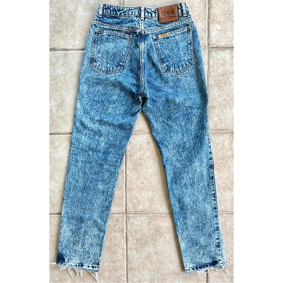 Vintage 80s EDWIN Acid Wash Blue Denim Jeans High Rise Straight Leg Raw Hem 32” - Picture 5 of 13